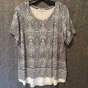 Rose & Olive Top Womens 1X Black White Floral Contrast Hem Flowy Stretch Blouse‎